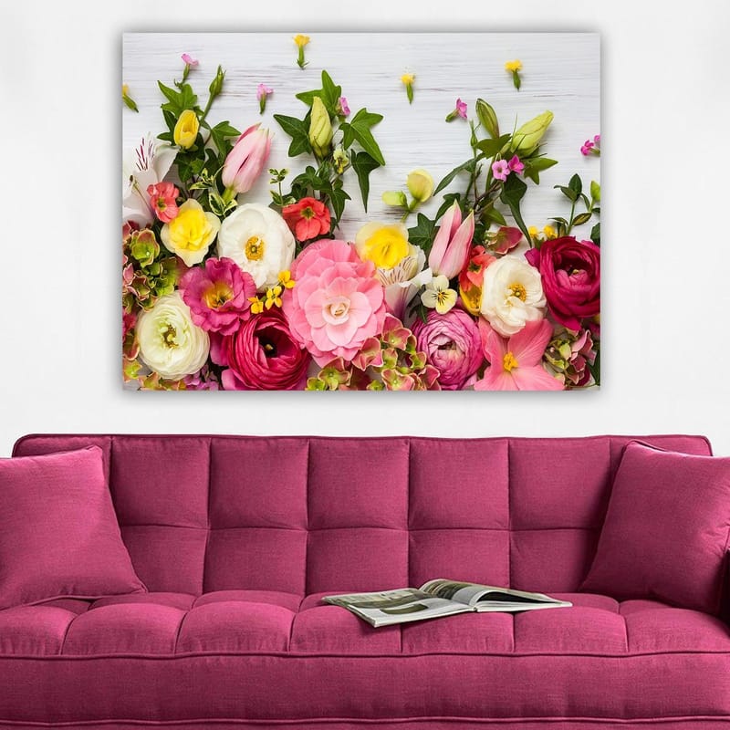Lerretsbilde 70x100 cm - Fargerik blomsterbukett med forskjellige former og nyanser - Rosa / Hvit / Gul - Interiør - Maleri & posters - Lerretsbilder