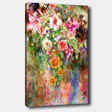 Lerretsbilde 70x100 cm - Fargerik blomsterbukett med forskjellige varianter og nyanser - Rosa / Grønn / Oransje - Interiør - Maleri & posters - Lerretsbilder