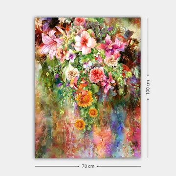 Lerretsbilde 70x100 cm - Fargerik blomsterbukett med forskjellige varianter og nyanser - Rosa / Grønn / Oransje - Interiør - Maleri & posters - Lerretsbilder