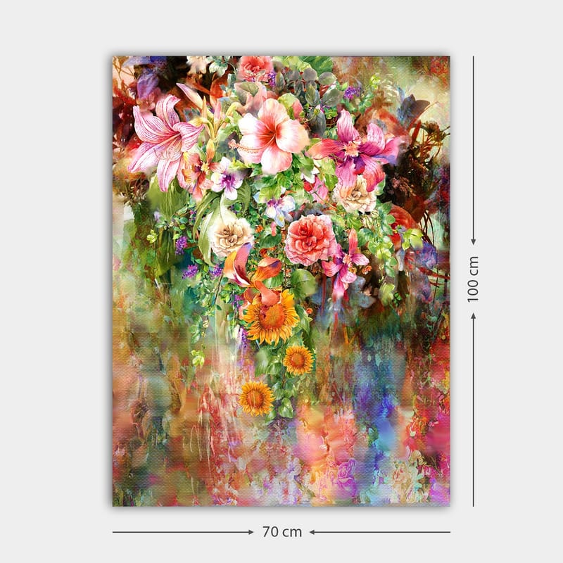 Lerretsbilde 70x100 cm - Fargerik blomsterbukett med forskjellige varianter og nyanser - Rosa / Grønn / Oransje - Interiør - Maleri & posters - Lerretsbilder