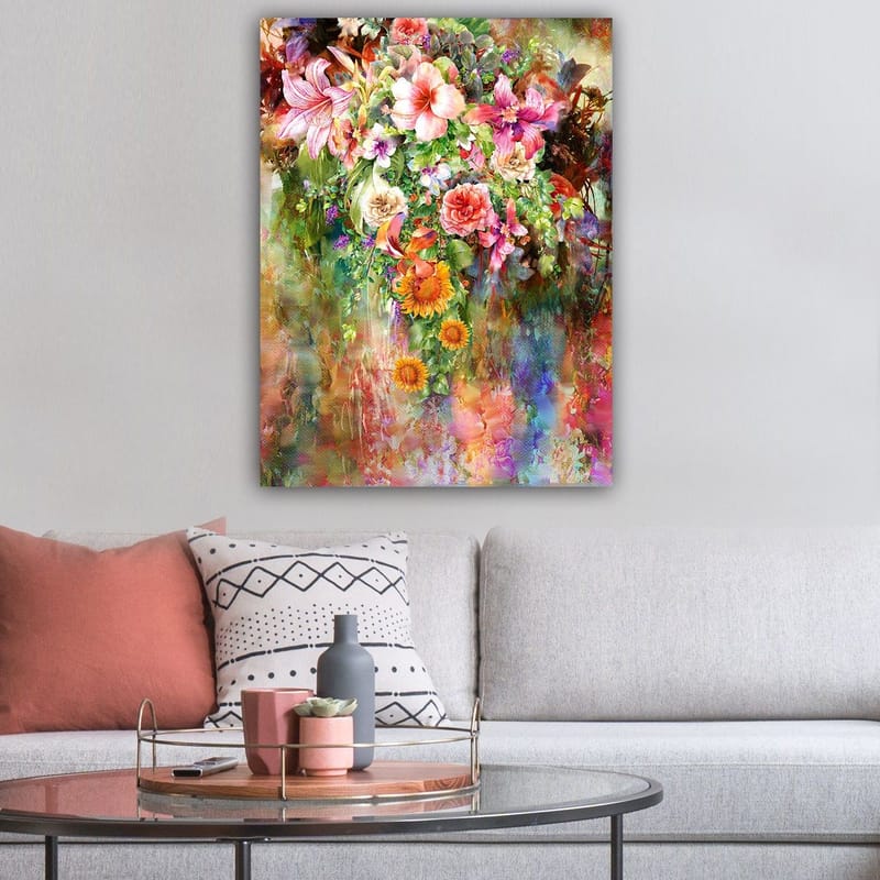 Lerretsbilde 70x100 cm - Fargerik blomsterbukett med forskjellige varianter og nyanser - Rosa / Grønn / Oransje - Interiør - Maleri & posters - Lerretsbilder
