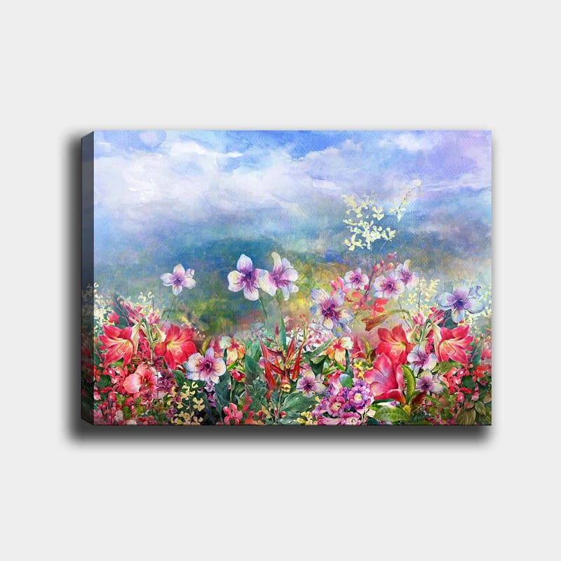 Lerretsbilde 70x100 cm - Fargerik blomstereng med forskjellige blomster i livlige nyanser, Rød / Lilla / Grønn