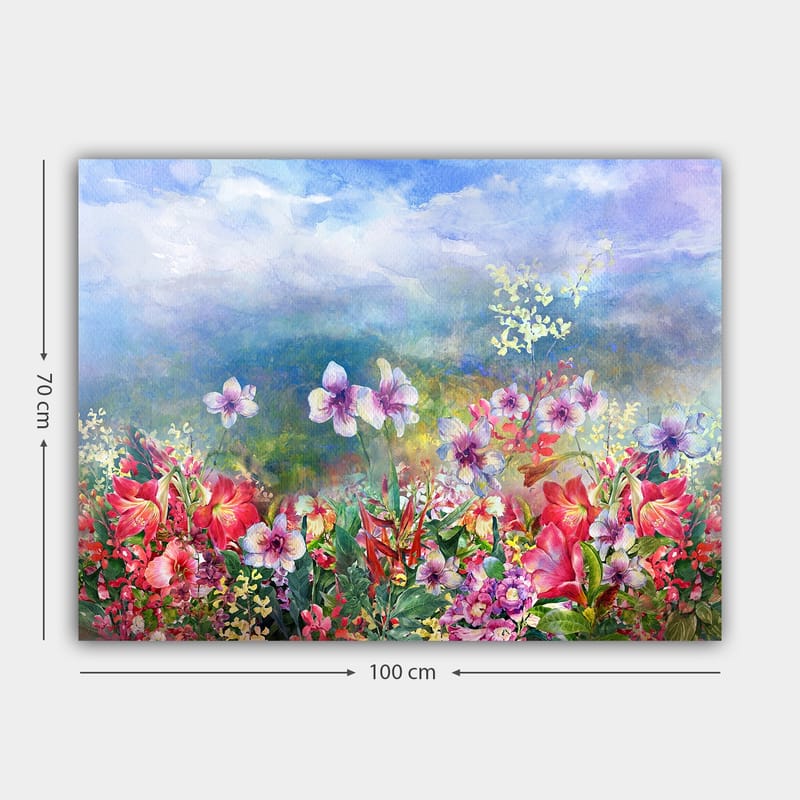 Lerretsbilde 70x100 cm - Fargerik blomstereng med forskjellige blomster i livlige nyanser - Rød / Lilla / Grønn - Interiør - Maleri & posters - Lerretsbilder