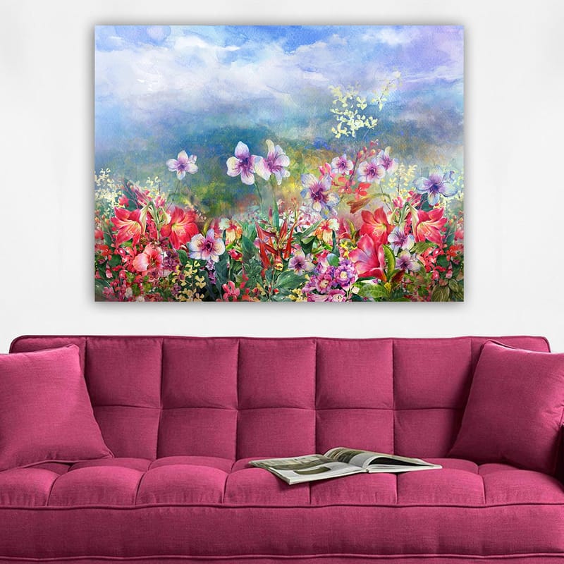 Lerretsbilde 70x100 cm - Fargerik blomstereng med forskjellige blomster i livlige nyanser - Rød / Lilla / Grønn - Interiør - Maleri & posters - Lerretsbilder