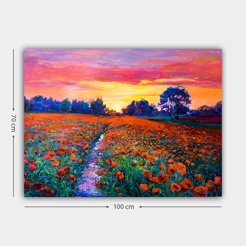 Lerretsbilde 70x100 cm - Fargerik blomstereng med valmuer under en solnedgang - Oransje / Grønn / Lilla - Interiør - Maleri & posters - Lerretsbilder