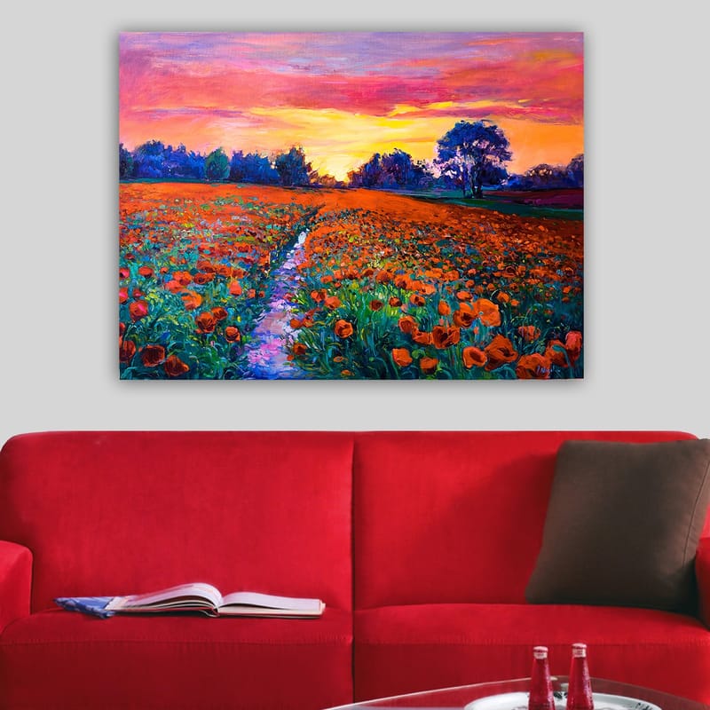Lerretsbilde 70x100 cm - Fargerik blomstereng med valmuer under en solnedgang - Oransje / Grønn / Lilla - Interiør - Maleri & posters - Lerretsbilder