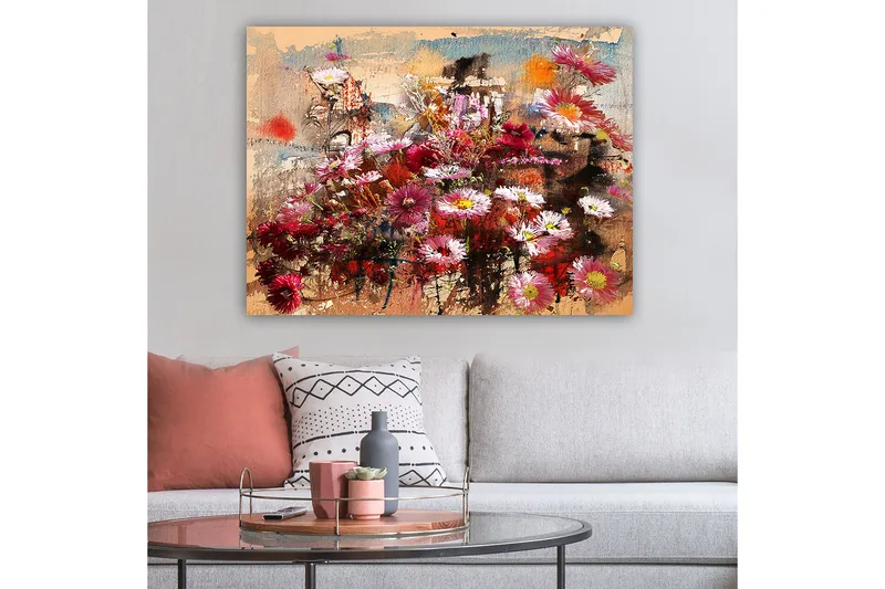 Lerretsbilde 70x100 cm - Fargerik blomsterkomposisjon i forskjellige nyanser som skaper en livlig og romantisk atmosfære - Rød / Rosa / Hvit - Interiør - Maleri & posters - Lerretsbilder