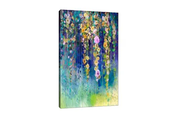 Lerretsbilde 70x100 cm - Fargerik blomsterkomposisjon med hengende blomster i forskjellige nyanser - Gul / Lilla / Grønn - Interiør - Maleri & posters - Lerretsbilder