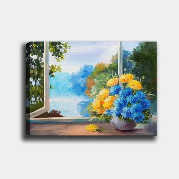Lerretsbilde 70x100 cm - Fargerik bukett med blå og gule blomster i en vase, plassert ved et vindu med utsikt over et naturskjønt landskap - Blå / Gul - Interiør - Maleri & posters - Lerretsbilder