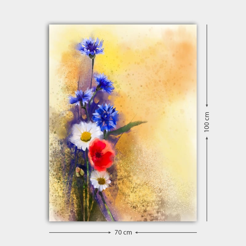 Lerretsbilde 70x100 cm - Fargerik bukett med blå og røde blomster mot en myk, varm bakgrunn - Blå / Rød / Hvit - Interiør - Maleri & posters - Lerretsbilder