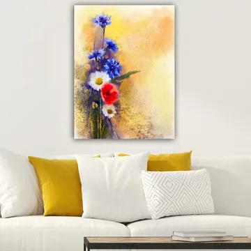 Lerretsbilde 70x100 cm - Fargerik bukett med blå og røde blomster mot en myk, varm bakgrunn - Blå / Rød / Hvit - Interiør - Maleri & posters - Lerretsbilder