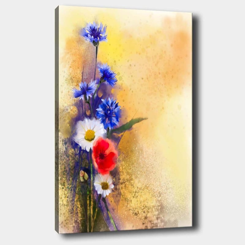 Lerretsbilde 70x100 cm - Fargerik bukett med blå og røde blomster mot en myk, varm bakgrunn, Blå / Rød / Hvit