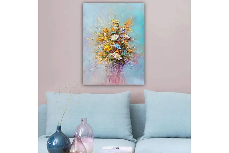 Lerretsbilde 70x100 cm - Fargerik bukett med blomster i forskjellige nyanser - Gul / Oransje / Blå - Interiør - Maleri & posters - Lerretsbilder