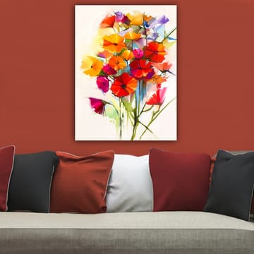 Lerretsbilde 70x100 cm - Fargerik bukett med blomster i forskjellige nyanser - Rød / Oransje / Lilla - Interiør - Maleri & posters - Lerretsbilder