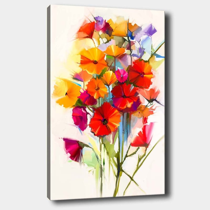 Lerretsbilde 70x100 cm - Fargerik bukett med blomster i forskjellige nyanser, Rød / Oransje / Lilla