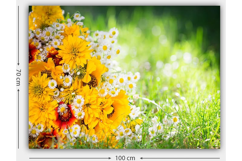 Lerretsbilde 70x100 cm - Fargerik bukett med gule blomster og hvite tusenfryd - Gul / Hvit / Oransje - Interiør - Maleri & posters - Lerretsbilder
