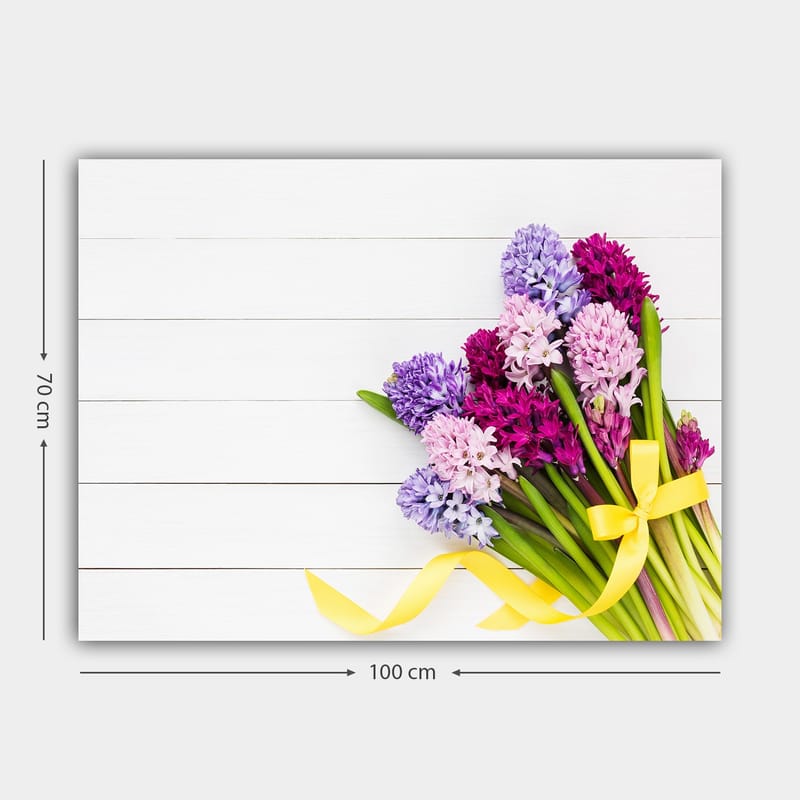 Lerretsbilde 70x100 cm - Fargerik bukett med hyasinter med gul sløyfe - Lilla / Rosa / Gul - Interiør - Maleri & posters - Lerretsbilder