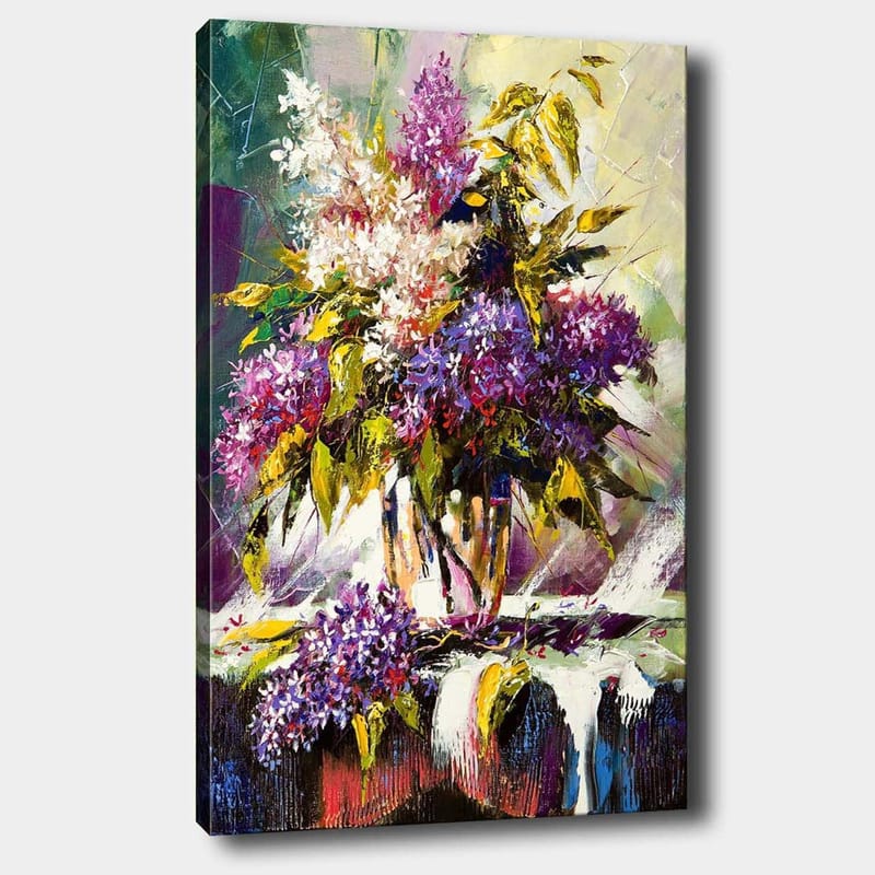 Lerretsbilde 70x100 cm - Fargerik bukett med liljer og grønne blader i en vase, Lilla / Grønn / Hvit
