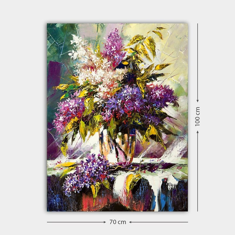 Lerretsbilde 70x100 cm - Fargerik bukett med liljer og grønne blader i en vase - Lilla / Grønn / Hvit - Interiør - Maleri & posters - Lerretsbilder