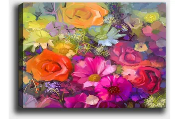 Lerretsbilde 70x100 cm - Fargerik bukett med roser og andre blomster i forskjellige nyanser - Rosa / Oransje / Lilla - Interiør - Maleri & posters - Lerretsbilder