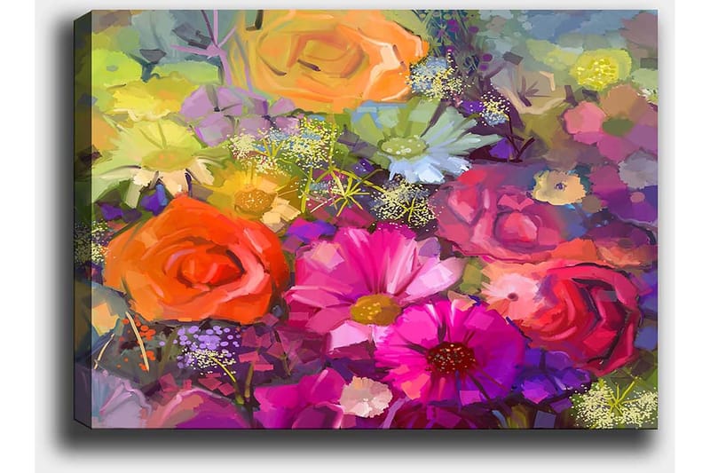 Lerretsbilde 70x100 cm - Fargerik bukett med roser og andre blomster i forskjellige nyanser - Rosa / Oransje / Lilla - Interiør - Maleri & posters - Lerretsbilder