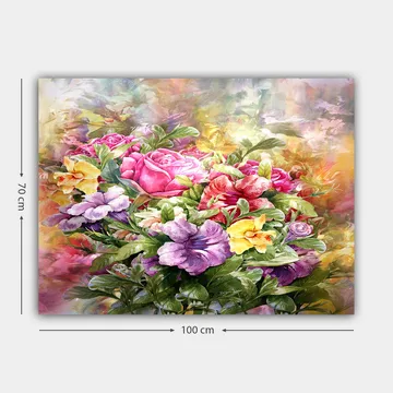 Lerretsbilde 70x100 cm - Fargerik bukett med roser og fioler i forskjellige nyanser - Rosa / Lilla / Gul - Interiør - Maleri & posters - Lerretsbilder