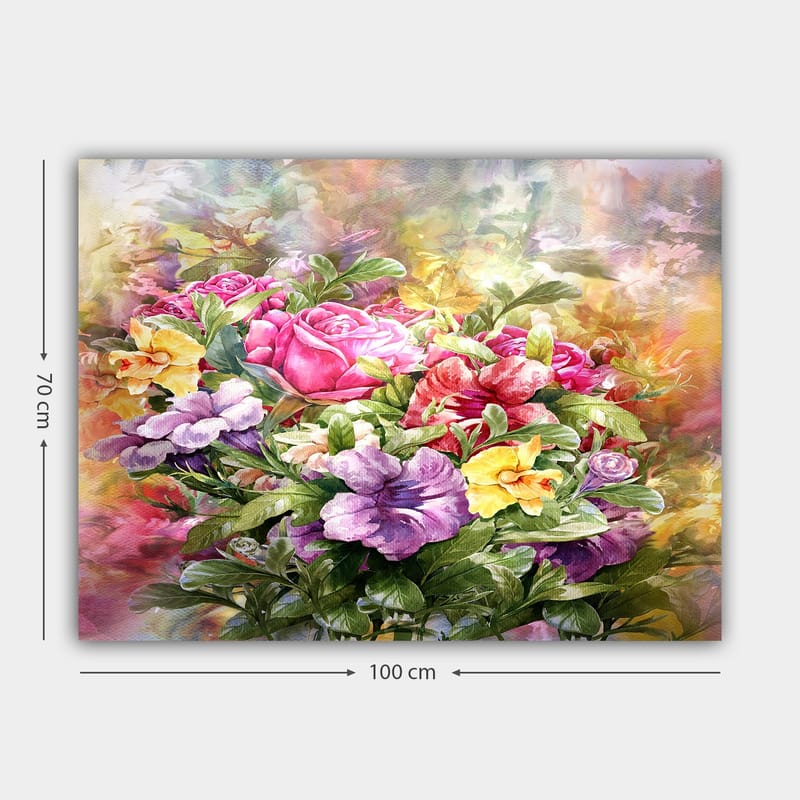 Lerretsbilde 70x100 cm - Fargerik bukett med roser og fioler i forskjellige nyanser - Rosa / Lilla / Gul - Interiør - Maleri & posters - Lerretsbilder
