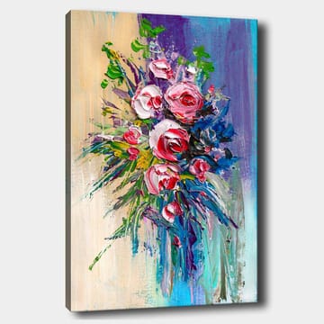 Lerretsbilde 70x100 cm - Fargerik bukett med roser og grønne blader - Rosa / Grønn / Blå - Interiør - Maleri & posters - Lerretsbilder