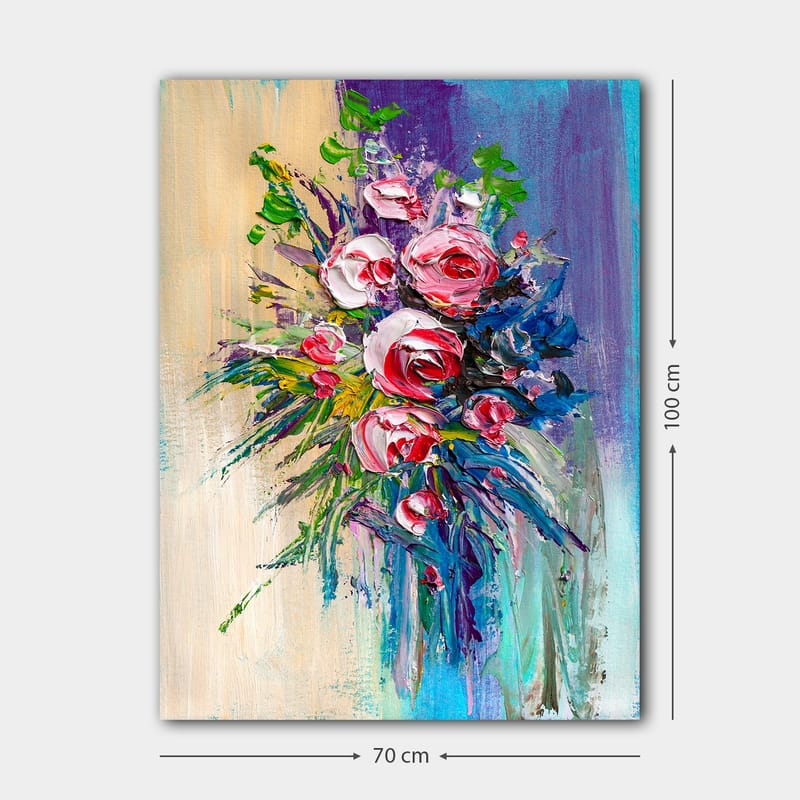 Lerretsbilde 70x100 cm - Fargerik bukett med roser og grønne blader - Rosa / Grønn / Blå - Interiør - Maleri & posters - Lerretsbilder