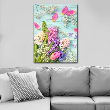 Lerretsbilde 70x100 cm - Fargerik bukett med tulipaner og hyasinter i forskjellige nyanser - Rosa / Lilla / Grønn - Interiør - Maleri & posters - Lerretsbilder