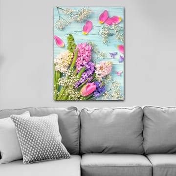 Lerretsbilde 70x100 cm - Fargerik bukett med tulipaner og hyasinter i forskjellige nyanser - Rosa / Lilla / Grønn - Interiør - Maleri & posters - Lerretsbilder
