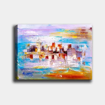 Lerretsbilde 70x100 cm - Fargerik bybilde med en bro som strekker seg over et vann - Blå / Oransje / Lilla - Interiør - Maleri & posters - Lerretsbilder