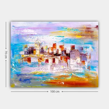 Lerretsbilde 70x100 cm - Fargerik bybilde med en bro som strekker seg over et vann - Blå / Oransje / Lilla - Interiør - Maleri & posters - Lerretsbilder