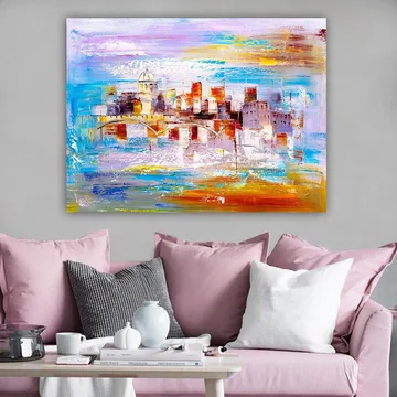 Lerretsbilde 70x100 cm - Fargerik bybilde med en bro som strekker seg over et vann - Blå / Oransje / Lilla - Interiør - Maleri & posters - Lerretsbilder