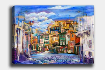 Lerretsbilde 70x100 cm - Fargerik bybilde med hus i forskjellige nyanser og en klar himmel - Blå / Grønn / Oransje - Interiør - Maleri & posters - Lerretsbilder