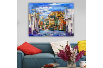 Lerretsbilde 70x100 cm - Fargerik bybilde med hus i forskjellige nyanser og en klar himmel - Blå / Grønn / Oransje - Interiør - Maleri & posters - Lerretsbilder