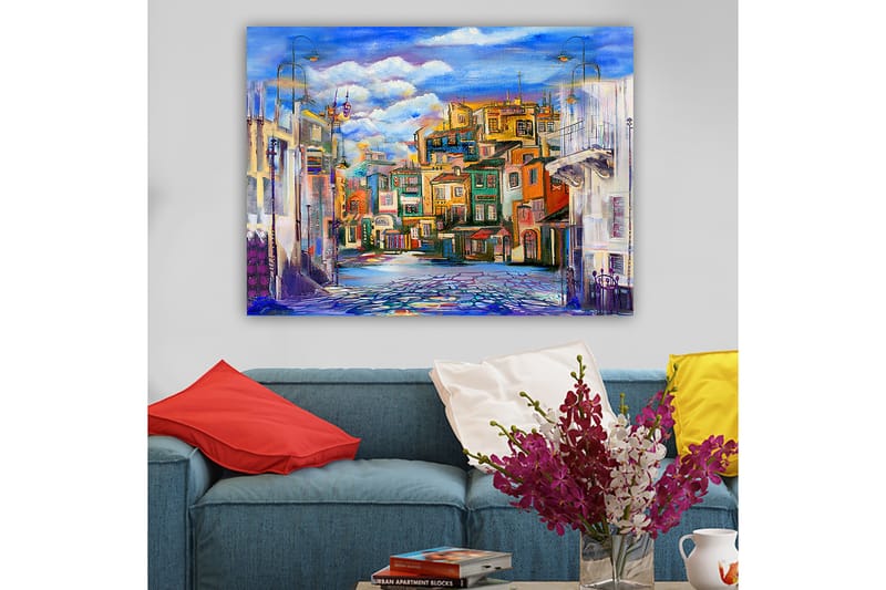 Lerretsbilde 70x100 cm - Fargerik bybilde med hus i forskjellige nyanser og en klar himmel - Blå / Grønn / Oransje - Interiør - Maleri & posters - Lerretsbilder