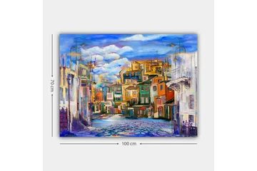 Lerretsbilde 70x100 cm - Fargerik bybilde med hus i forskjellige nyanser og en klar himmel - Blå / Grønn / Oransje - Interiør - Maleri & posters - Lerretsbilder