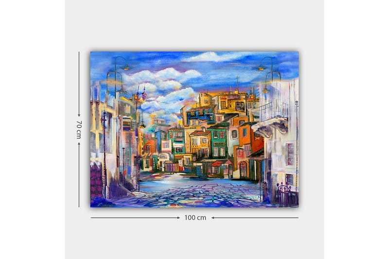 Lerretsbilde 70x100 cm - Fargerik bybilde med hus i forskjellige nyanser og en klar himmel - Blå / Grønn / Oransje - Interiør - Maleri & posters - Lerretsbilder