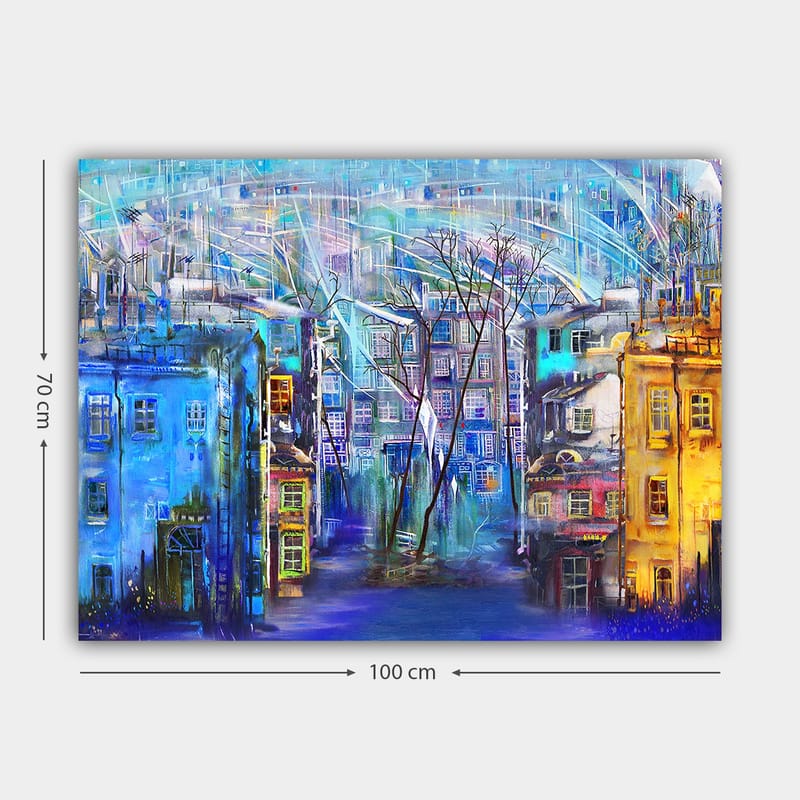 Lerretsbilde 70x100 cm - Fargerik bybilde med hus i forskjellige nyanser og trær under en regnfull himmel - Blå / Gul / Lilla - Interiør - Maleri & posters - Lerretsbilder