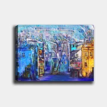 Lerretsbilde 70x100 cm - Fargerik bybilde med hus i forskjellige nyanser og trær under en regnfull himmel - Blå / Gul / Lilla - Interiør - Maleri & posters - Lerretsbilder