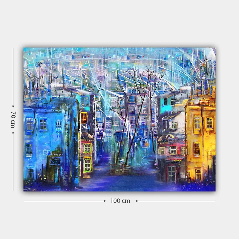 Lerretsbilde 70x100 cm - Fargerik bybilde med hus i forskjellige nyanser og trær under en regnfull himmel - Blå / Gul / Lilla - Interiør - Maleri & posters - Lerretsbilder