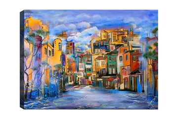 Lerretsbilde 70x100 cm - Fargerik bybilde med hus i forskjellige nyanser som skaper en livlig atmosfære - Gul / Grønn / Blå - Interiør - Maleri & posters - Lerretsbilder