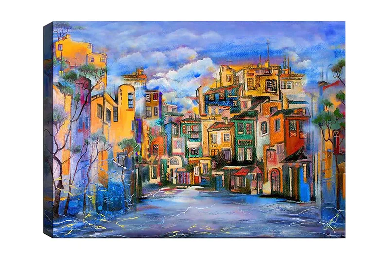 Lerretsbilde 70x100 cm - Fargerik bybilde med hus i forskjellige nyanser som skaper en livlig atmosfære, Gul / Grønn / Blå