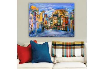 Lerretsbilde 70x100 cm - Fargerik bybilde med hus i forskjellige nyanser som skaper en livlig atmosfære - Gul / Grønn / Blå - Interiør - Maleri & posters - Lerretsbilder