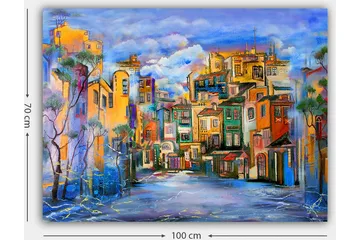 Lerretsbilde 70x100 cm - Fargerik bybilde med hus i forskjellige nyanser som skaper en livlig atmosfære - Gul / Grønn / Blå - Interiør - Maleri & posters - Lerretsbilder
