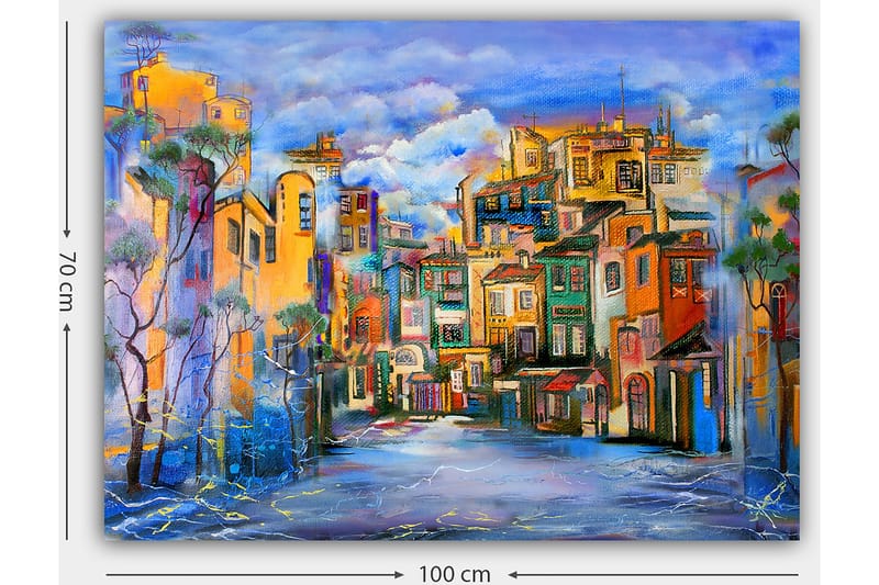 Lerretsbilde 70x100 cm - Fargerik bybilde med hus i forskjellige nyanser som skaper en livlig atmosfære - Gul / Grønn / Blå - Interiør - Maleri & posters - Lerretsbilder