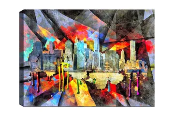 Lerretsbilde 70x100 cm - Fargerik bybilde som fanger en skyline med skyskrapere og refleksjoner i vannet - Blå / Rød / Gul - Interiør - Maleri & posters - Lerretsbilder