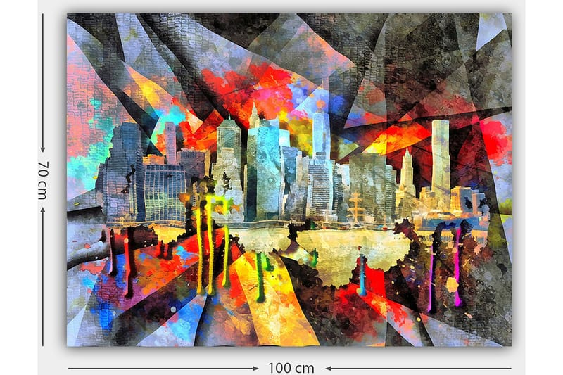 Lerretsbilde 70x100 cm - Fargerik bybilde som fanger en skyline med skyskrapere og refleksjoner i vannet - Blå / Rød / Gul - Interiør - Maleri & posters - Lerretsbilder