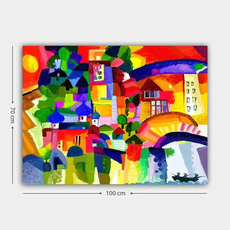 Lerretsbilde 70x100 cm - Fargerik byscene med tårn og bygninger under en solrik himmel - Rød / Grønn / Blå - Interiør - Maleri & posters - Lerretsbilder